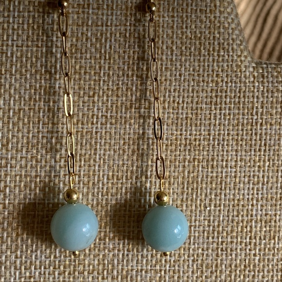 18K gold plated paper clip chain earrings with genuine jade gemstones. NWT - Picture 1 of 6